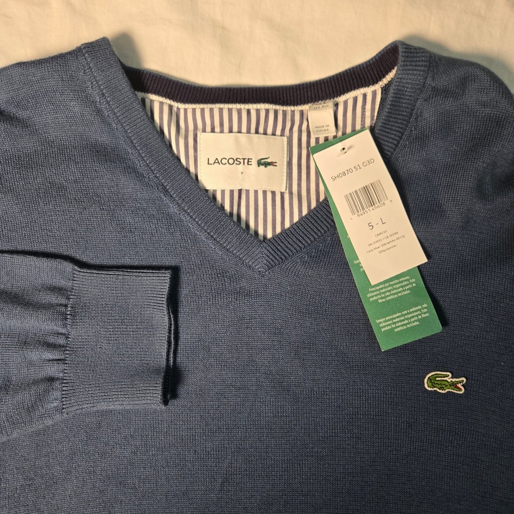 Lacoste Sport V-Neck Cotton Sweater Navy Blue Pullover AH1696 FR 8 US 3XL NWT
